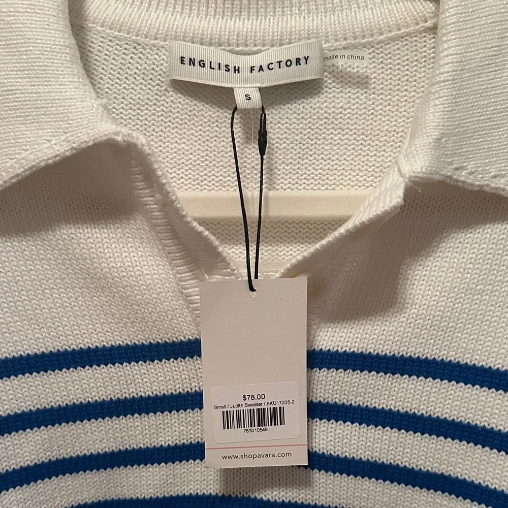 NWT English Factory Striped Polo Sweater in White and Blue - Picture 3 of 3